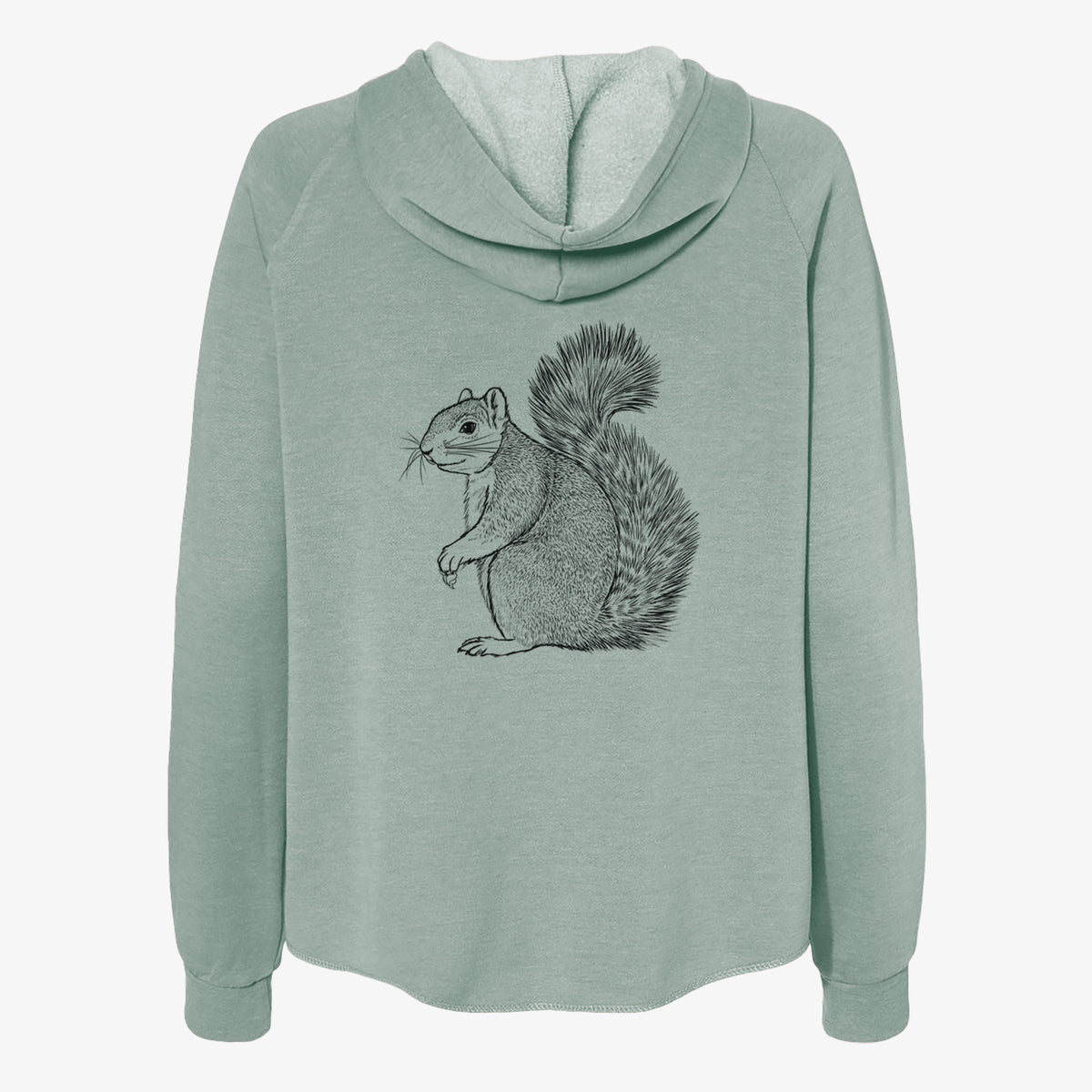Sage green women's Cali Wave zip-up sweatshirt laid flat, printed with a detailed black ink illustration of a fox squirrel sitting with a bushy tail.