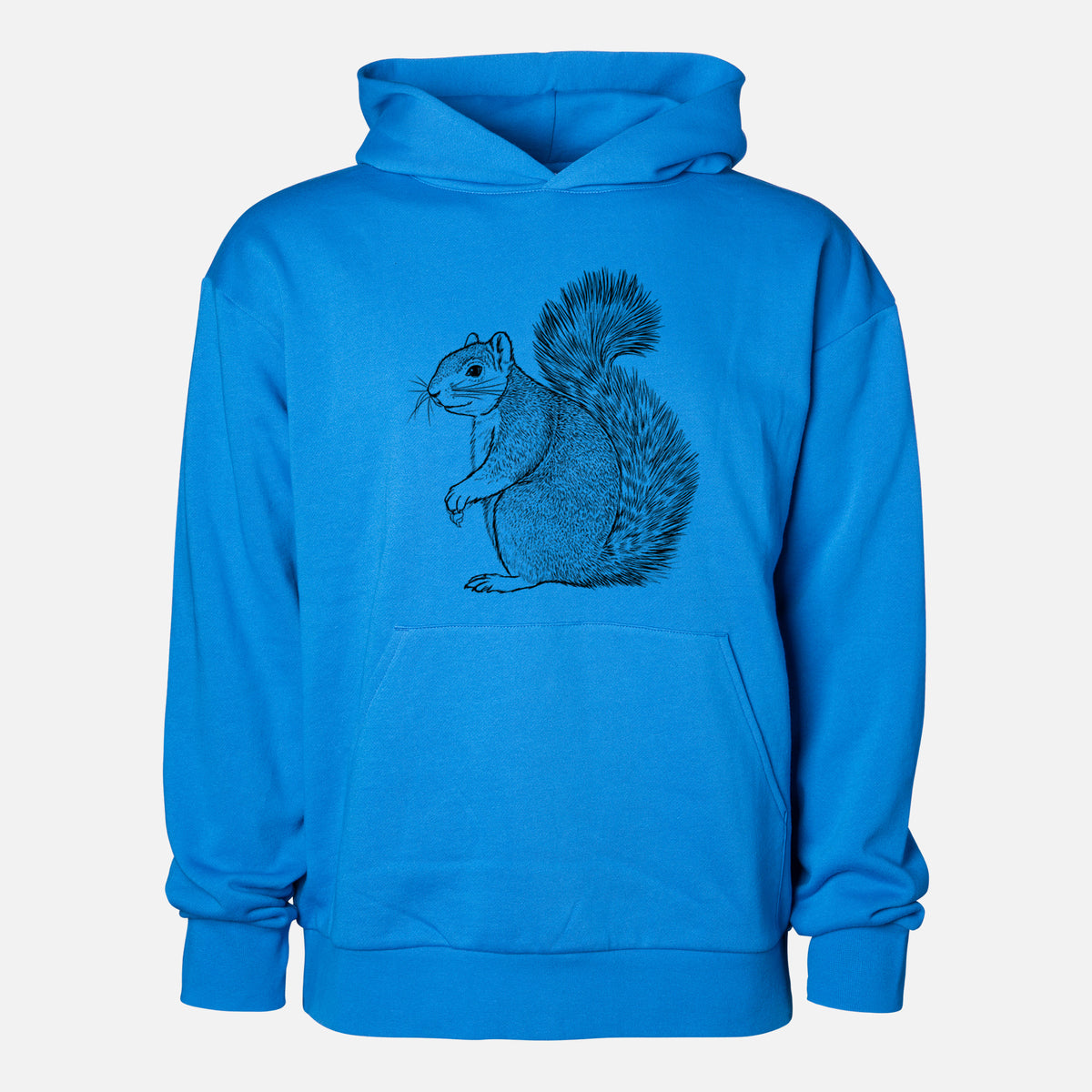 Eastern Fox Squirrel - Sciurus niger - Statement Midweight Hoodie in Azure Blue, shown from the front with the design printed on the chest above a front kangaroo pocket.
