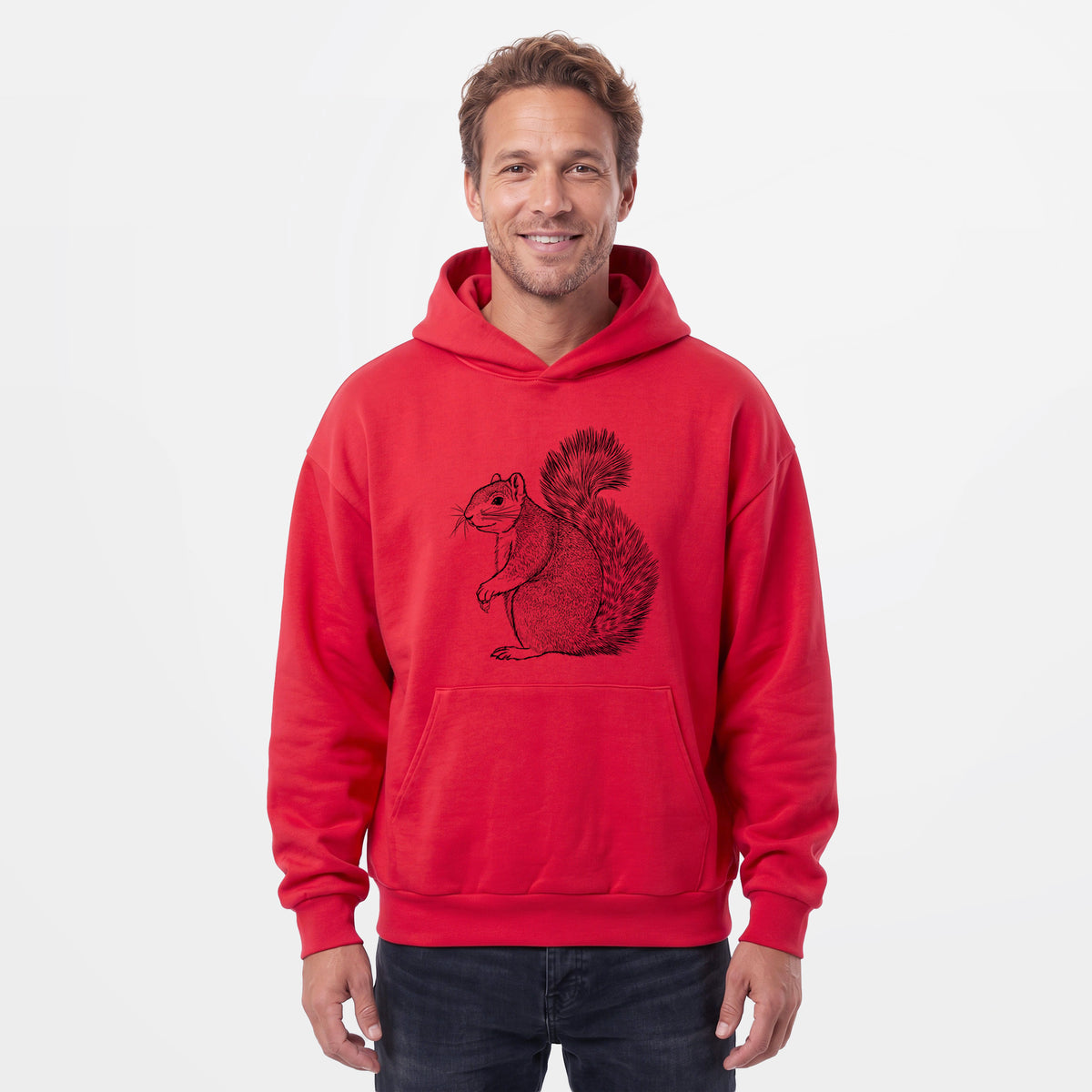 Male model wearing the Eastern Fox Squirrel - Sciurus niger - Statement Midweight Hoodie.