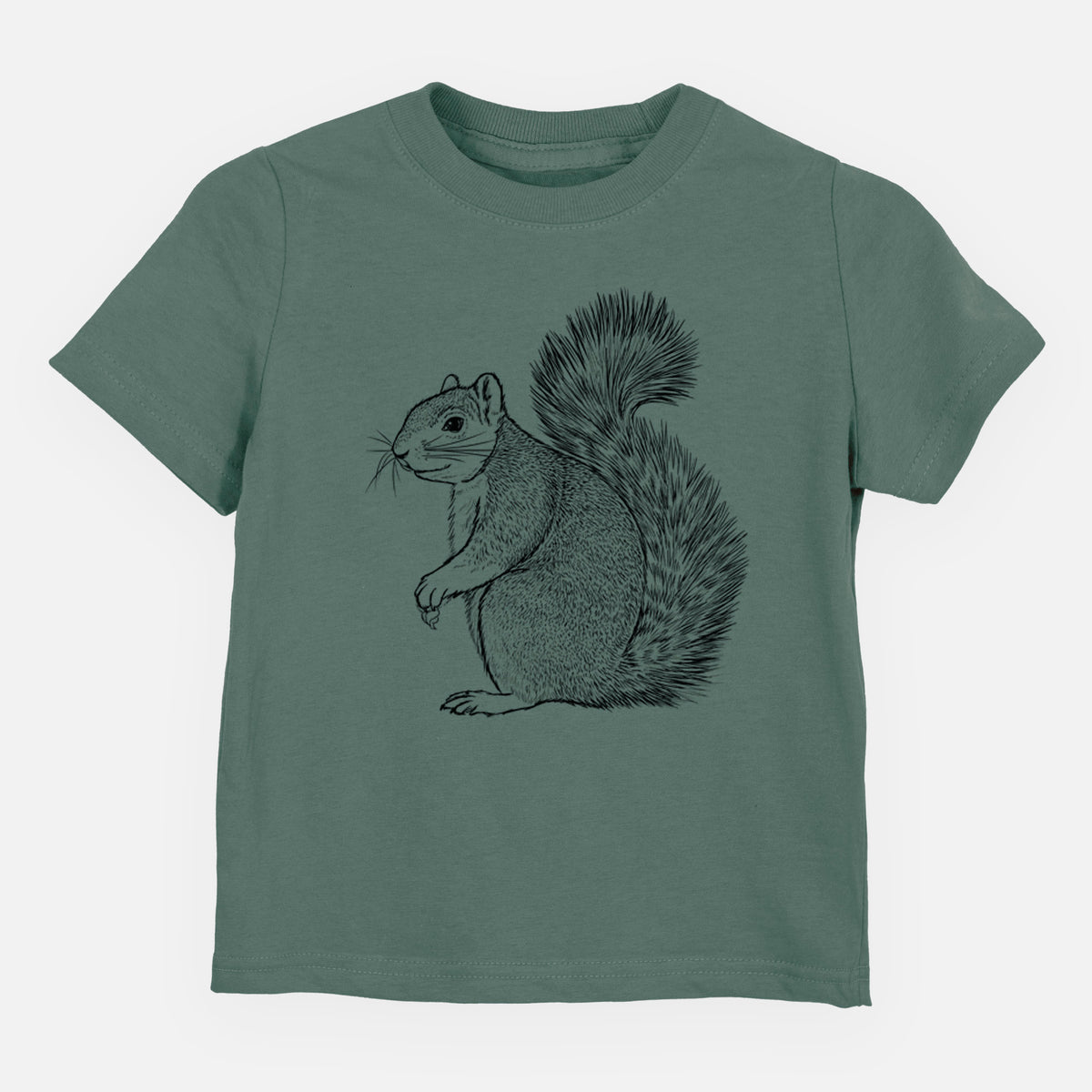 Basil green toddler t-shirt laid flat, printed with a detailed black ink illustration of a fox squirrel sitting with a bushy tail.