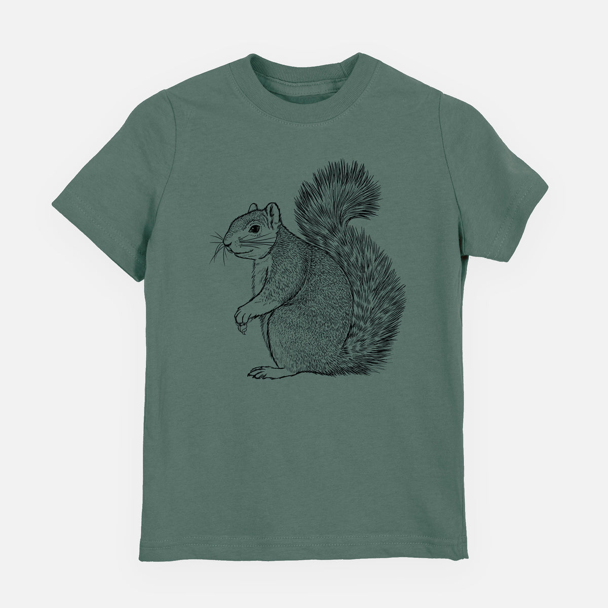 Basil green youth t-shirt laid flat, printed with a detailed black ink illustration of a fox squirrel sitting with a bushy tail.