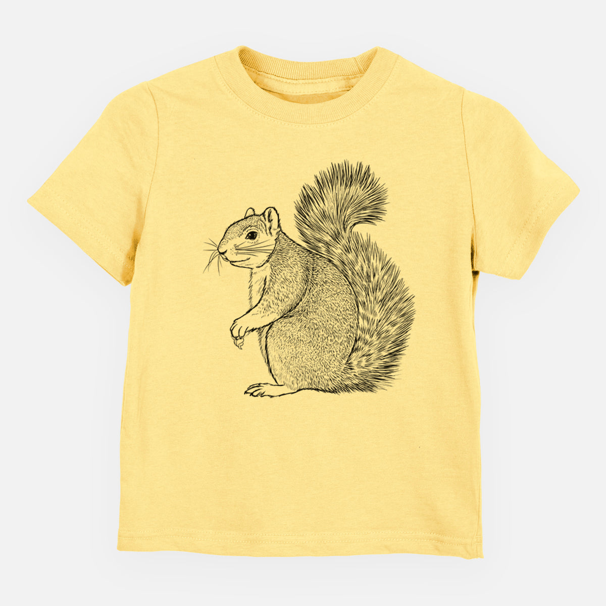Butter yellow toddler t-shirt laid flat, printed with a detailed black ink illustration of a fox squirrel sitting with a bushy tail.