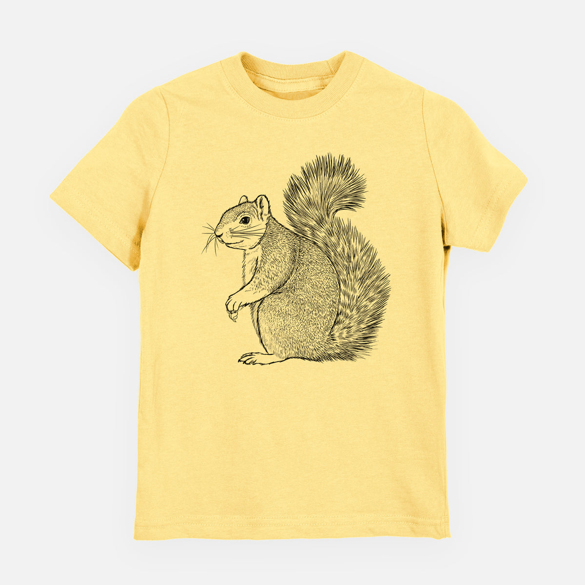 Butter yellow youth t-shirt laid flat, printed with a detailed black ink illustration of a fox squirrel sitting with a bushy tail.