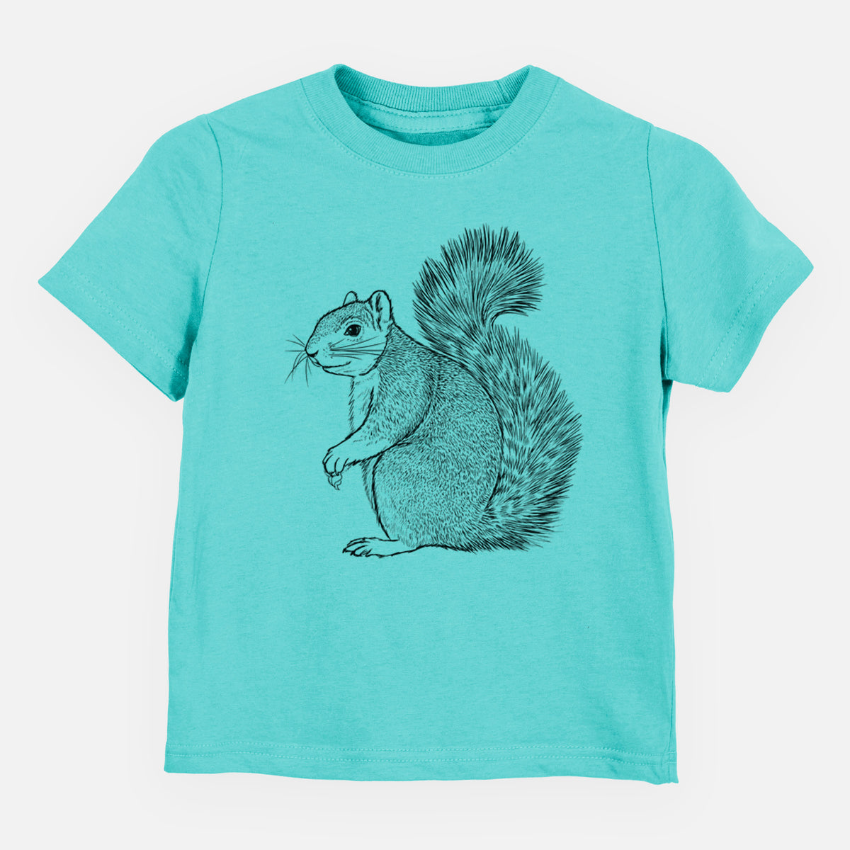 Caribbean blue toddler t-shirt laid flat, printed with a detailed black ink illustration of a fox squirrel sitting with a bushy tail.