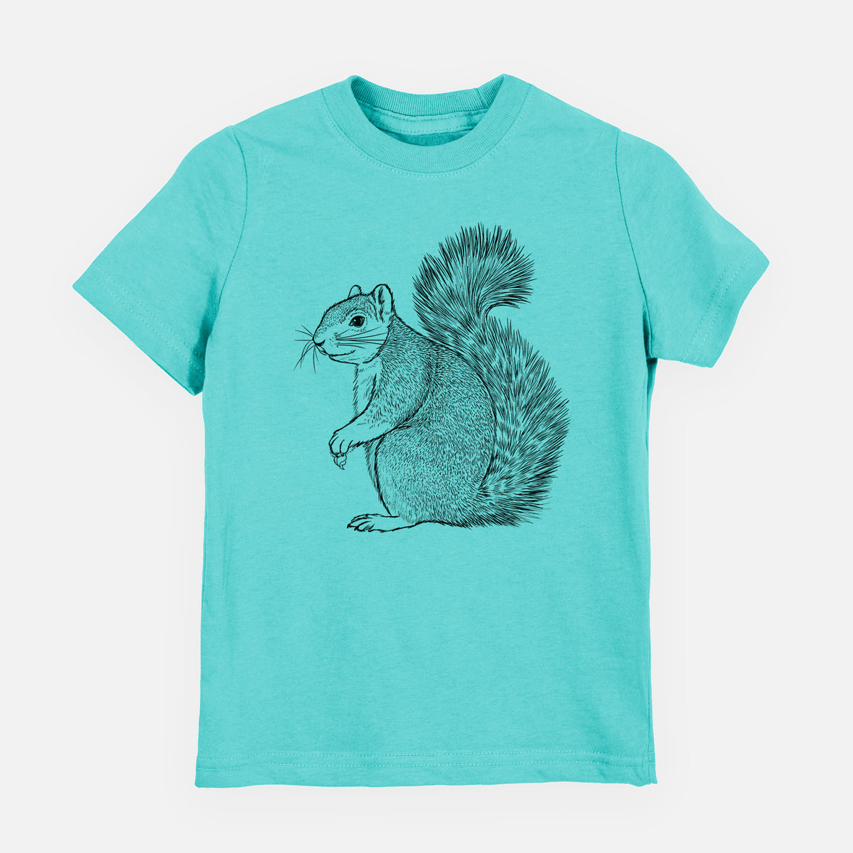 Caribbean blue youth t-shirt laid flat, printed with a detailed black ink illustration of a fox squirrel sitting with a bushy tail.