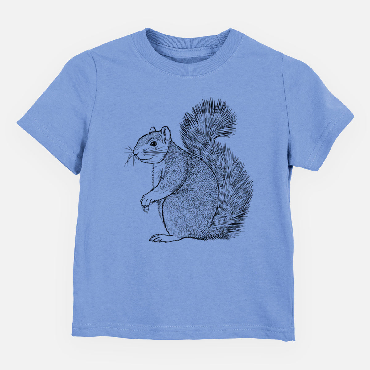 Carolina blue toddler t-shirt laid flat, printed with a detailed black ink illustration of a fox squirrel sitting with a bushy tail.