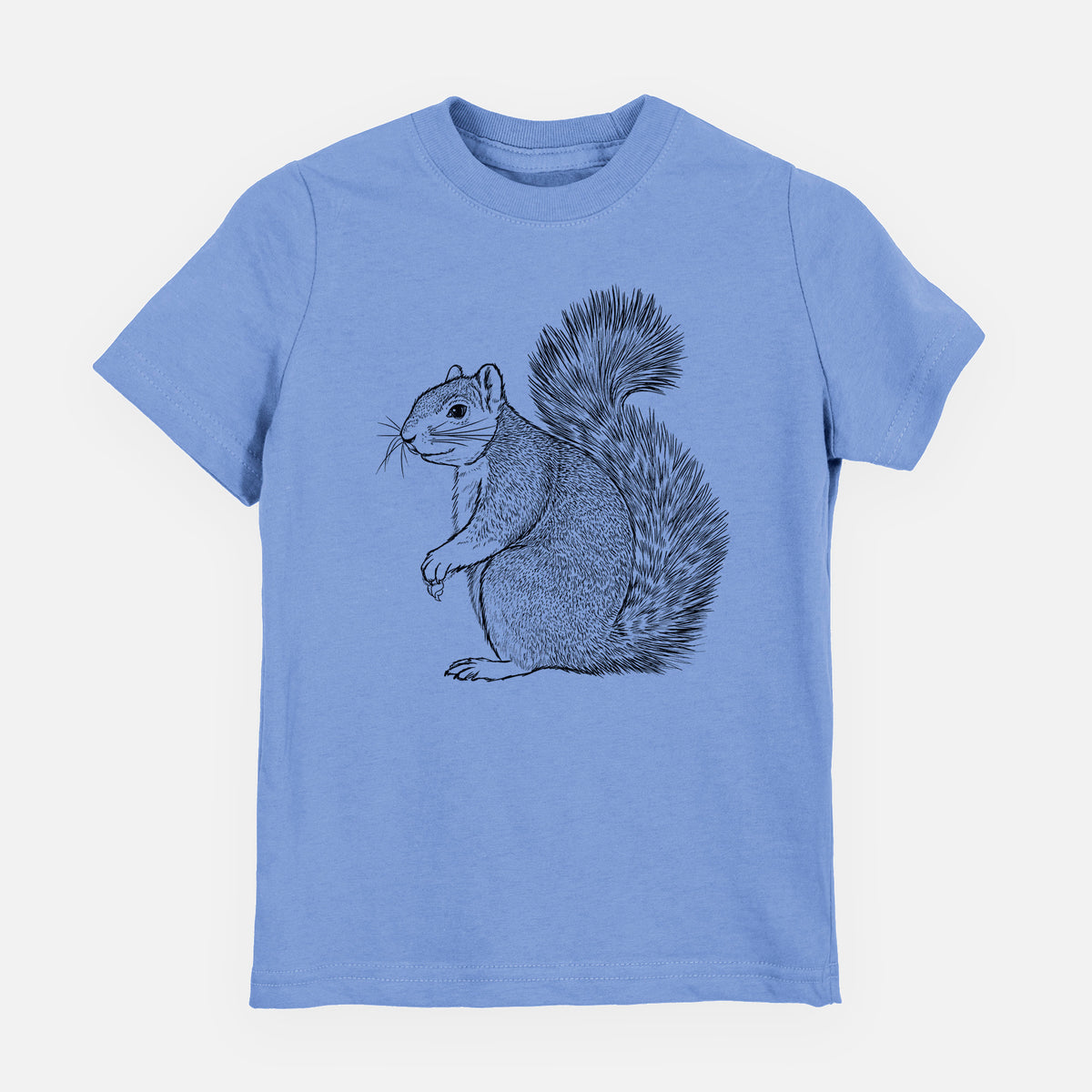 Carolina blue youth t-shirt laid flat, printed with a detailed black ink illustration of a fox squirrel sitting with a bushy tail.