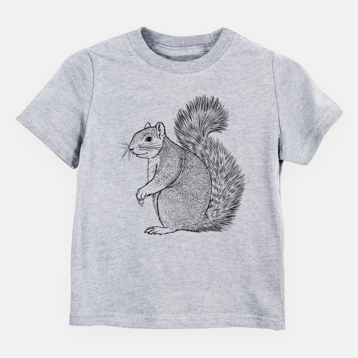 Heather grey toddler t-shirt laid flat, printed with a detailed black ink illustration of a fox squirrel sitting with a bushy tail.