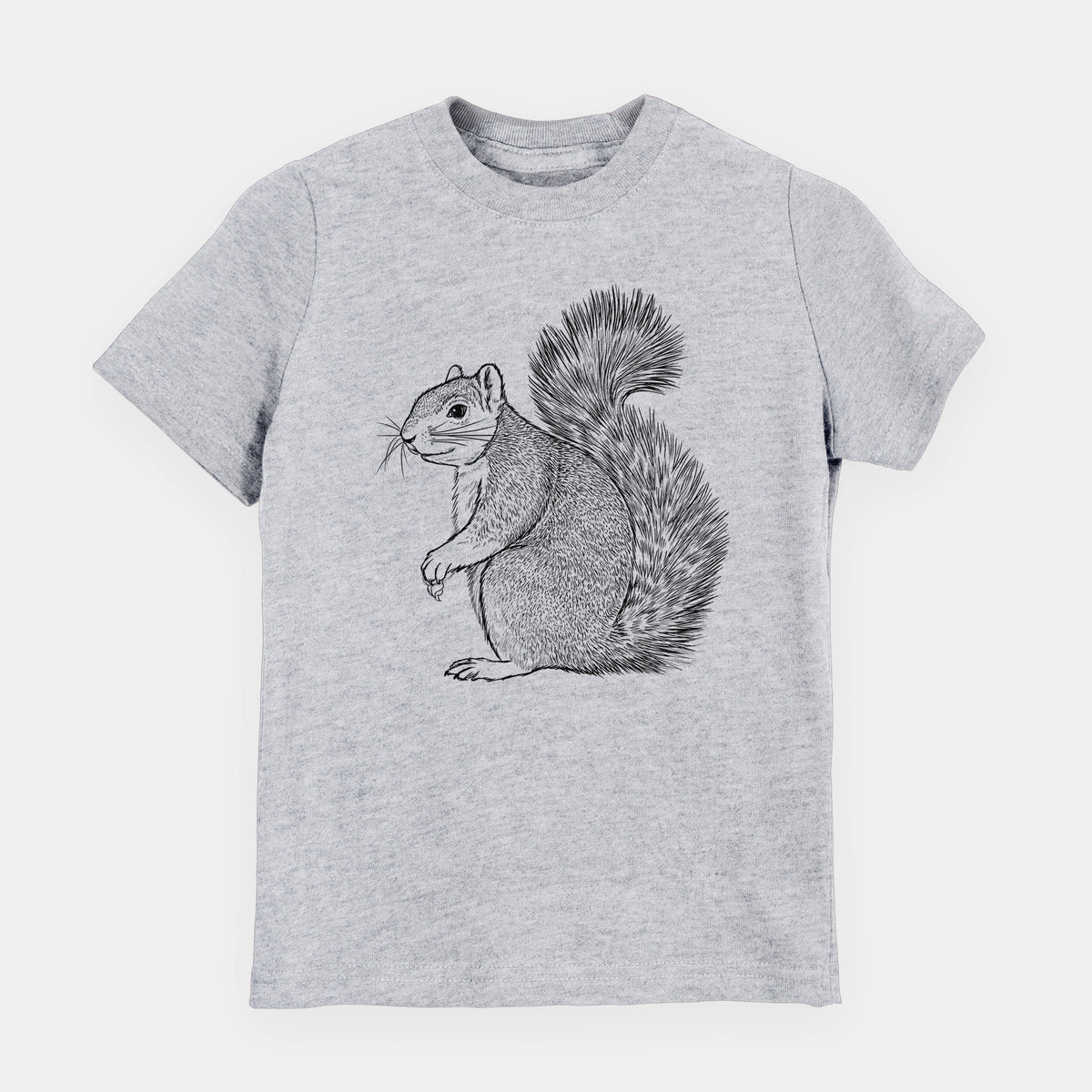 Heather grey youth t-shirt laid flat, printed with a detailed black ink illustration of a fox squirrel sitting with a bushy tail.