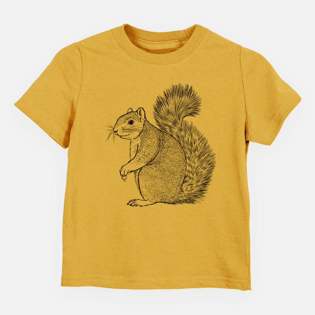 Honeycomb yellow toddler t-shirt laid flat, printed with a detailed black ink illustration of a fox squirrel sitting with a bushy tail.