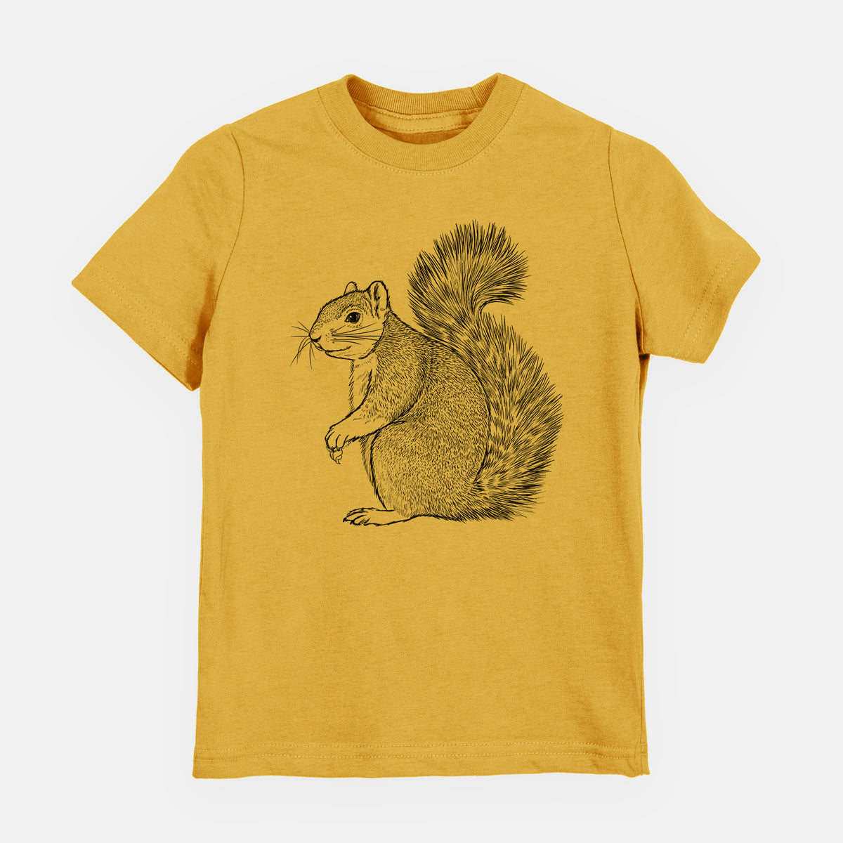 Honeycomb yellow youth t-shirt laid flat, printed with a detailed black ink illustration of a fox squirrel sitting with a bushy tail.