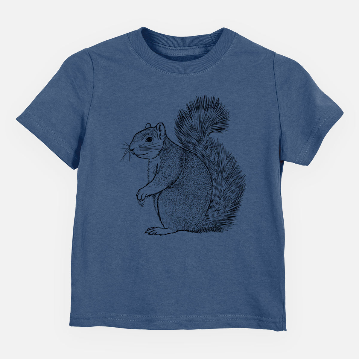 Indigo blue toddler t-shirt laid flat, printed with a detailed black ink illustration of a fox squirrel sitting with a bushy tail.