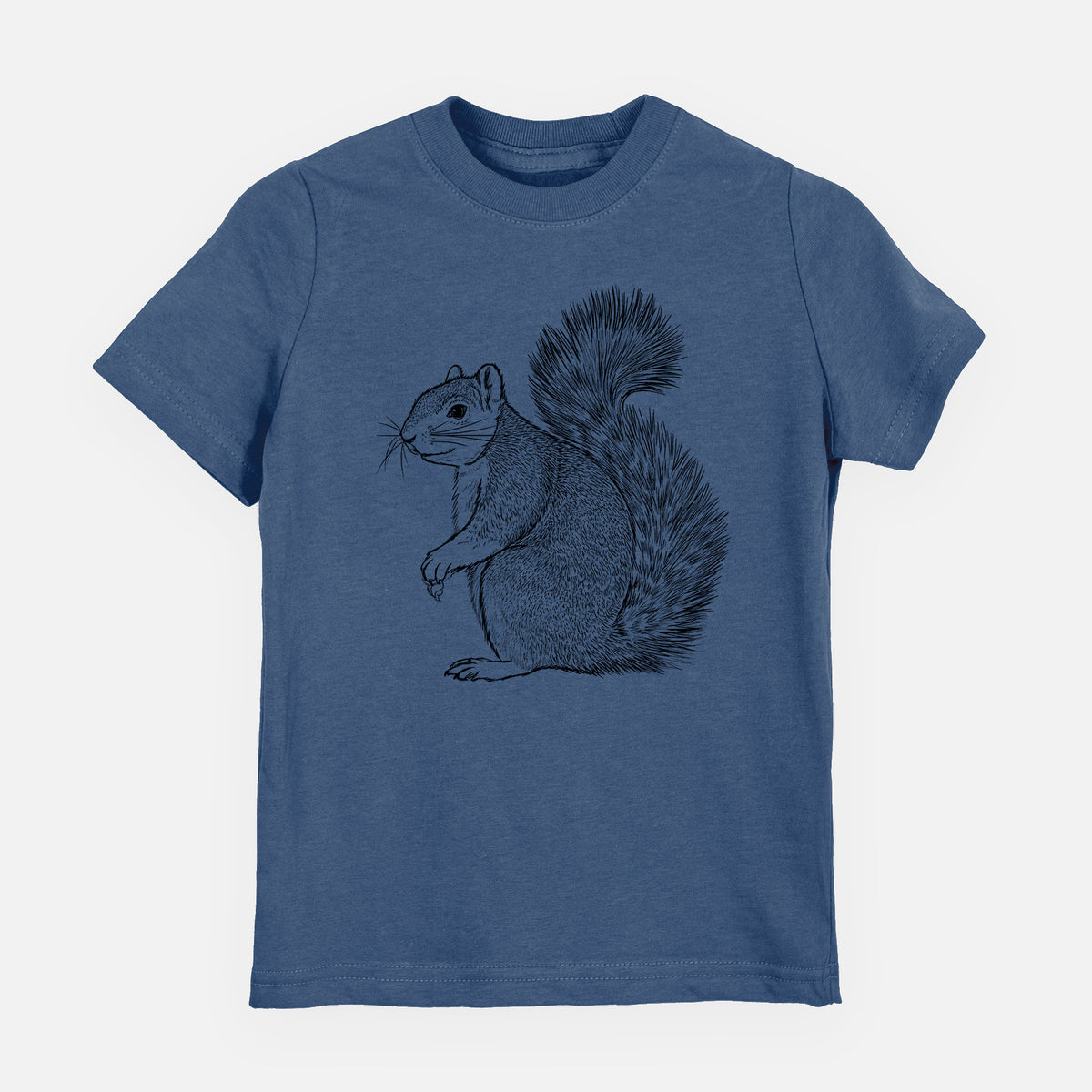 Indigo blue youth t-shirt laid flat, printed with a detailed black ink illustration of a fox squirrel sitting with a bushy tail.