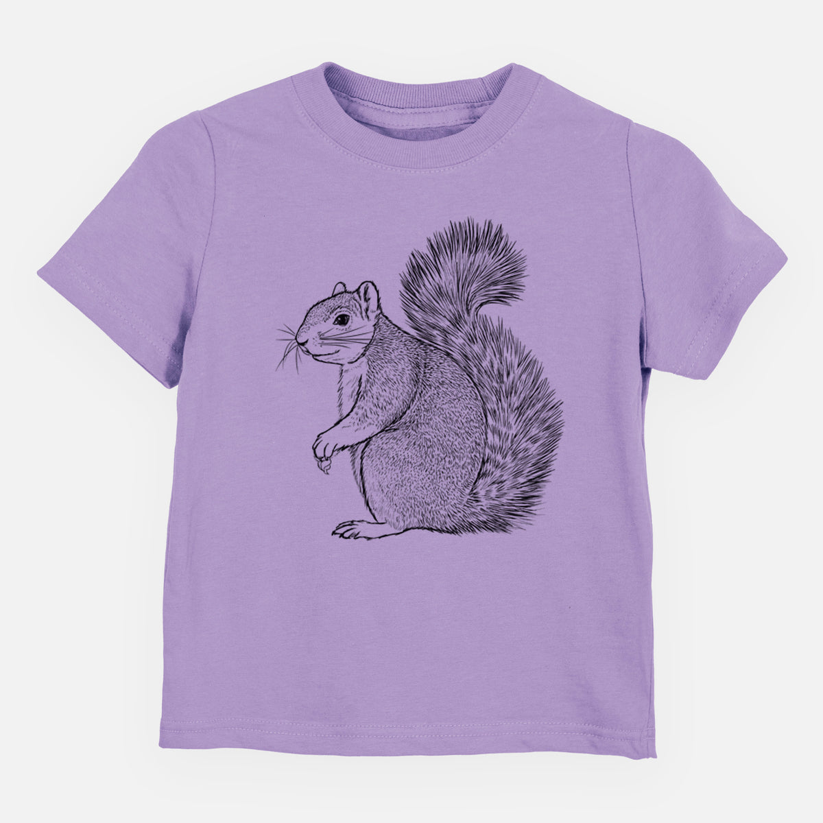 Lavender toddler t-shirt laid flat, printed with a detailed black ink illustration of a fox squirrel sitting with a bushy tail.