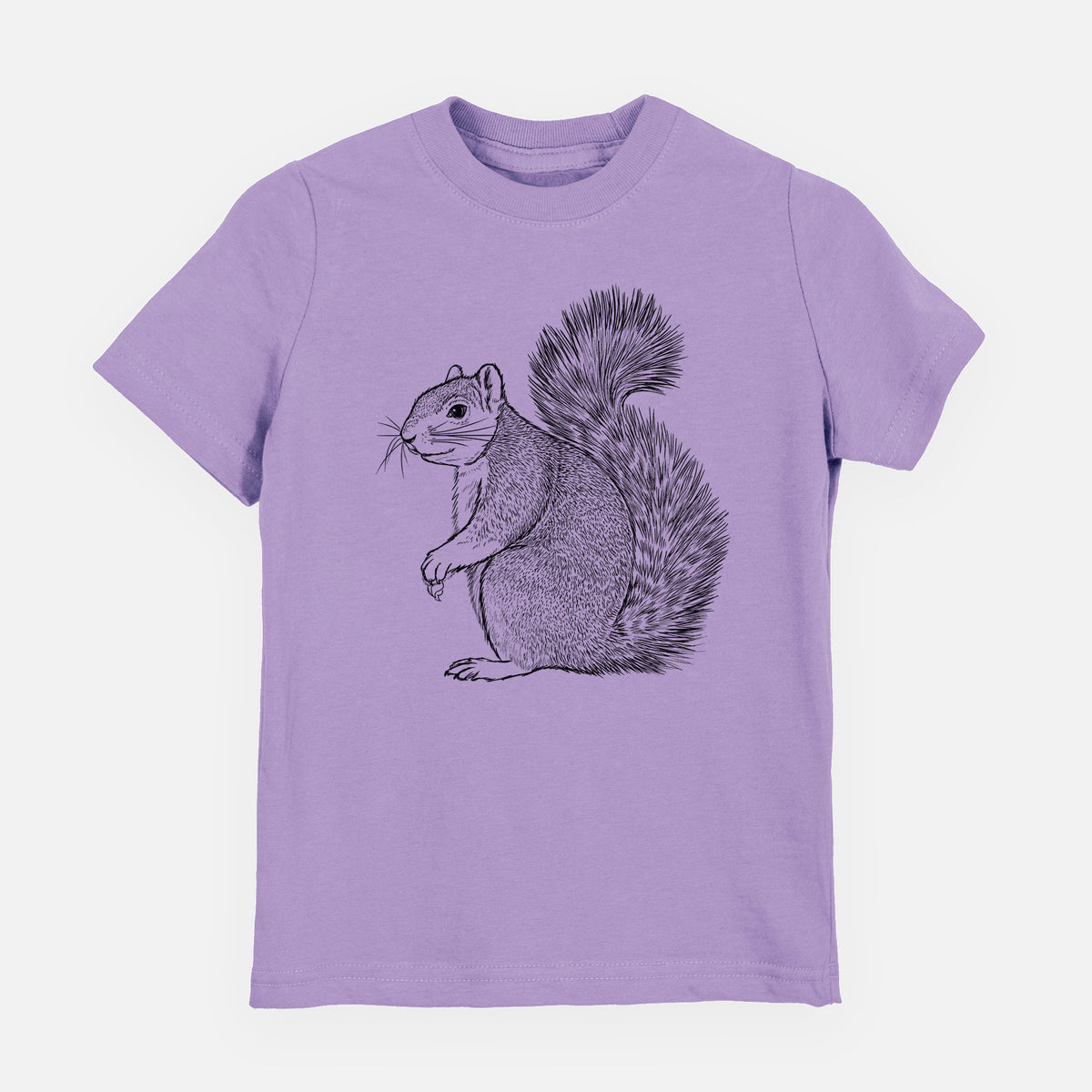 Lavender youth t-shirt laid flat, printed with a detailed black ink illustration of a fox squirrel sitting with a bushy tail.