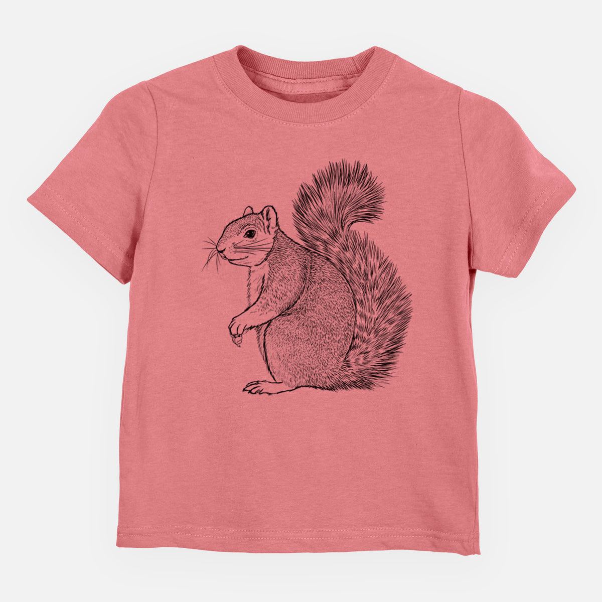 Mauve pink toddler t-shirt laid flat, printed with a detailed black ink illustration of a fox squirrel sitting with a bushy tail.