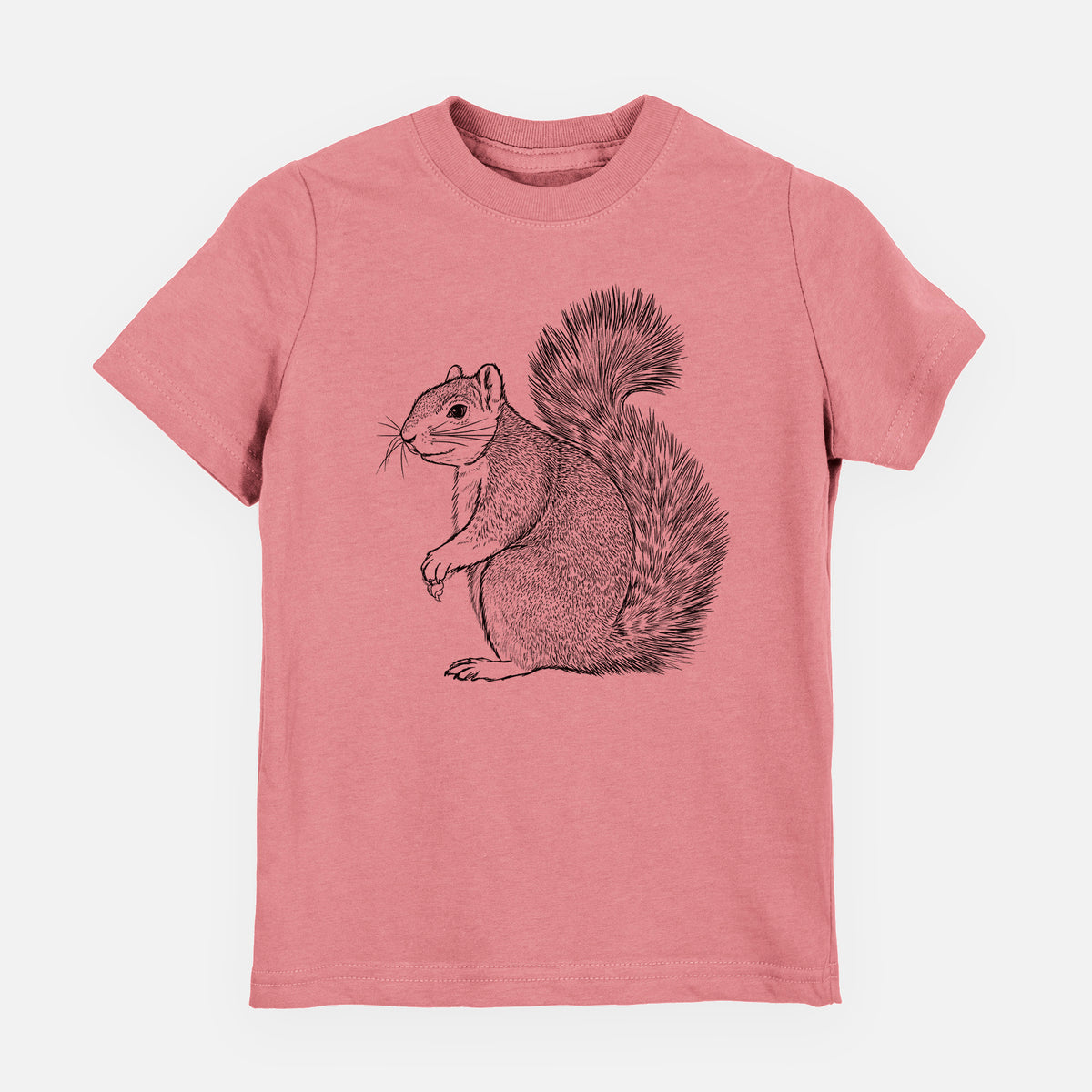 Mauve pink youth t-shirt laid flat, printed with a detailed black ink illustration of a fox squirrel sitting with a bushy tail.