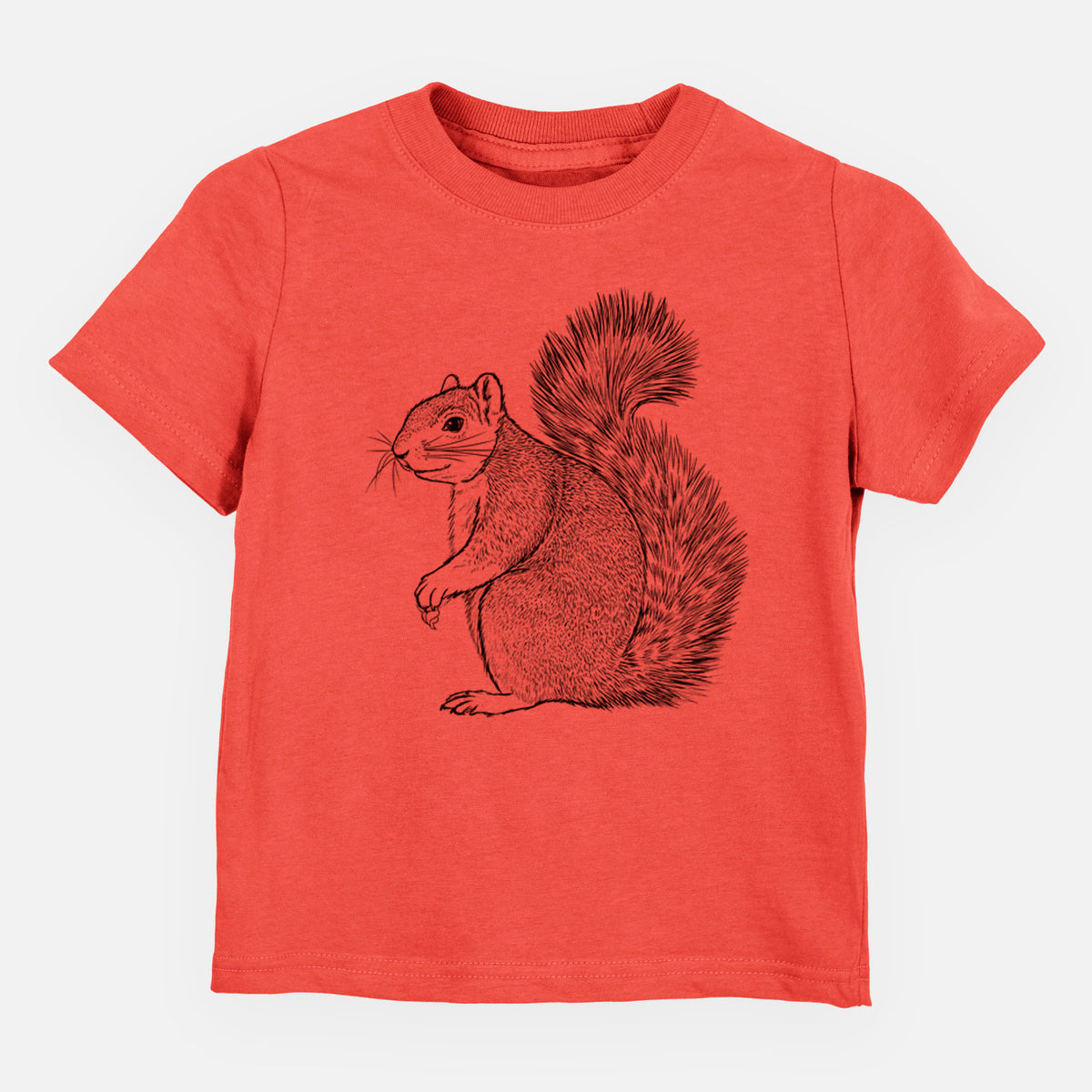 Passionfruit pink toddler t-shirt laid flat, printed with a detailed black ink illustration of a fox squirrel sitting with a bushy tail.