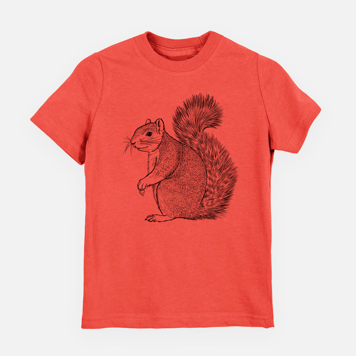 Passionfruit pink youth t-shirt laid flat, printed with a detailed black ink illustration of a fox squirrel sitting with a bushy tail.
