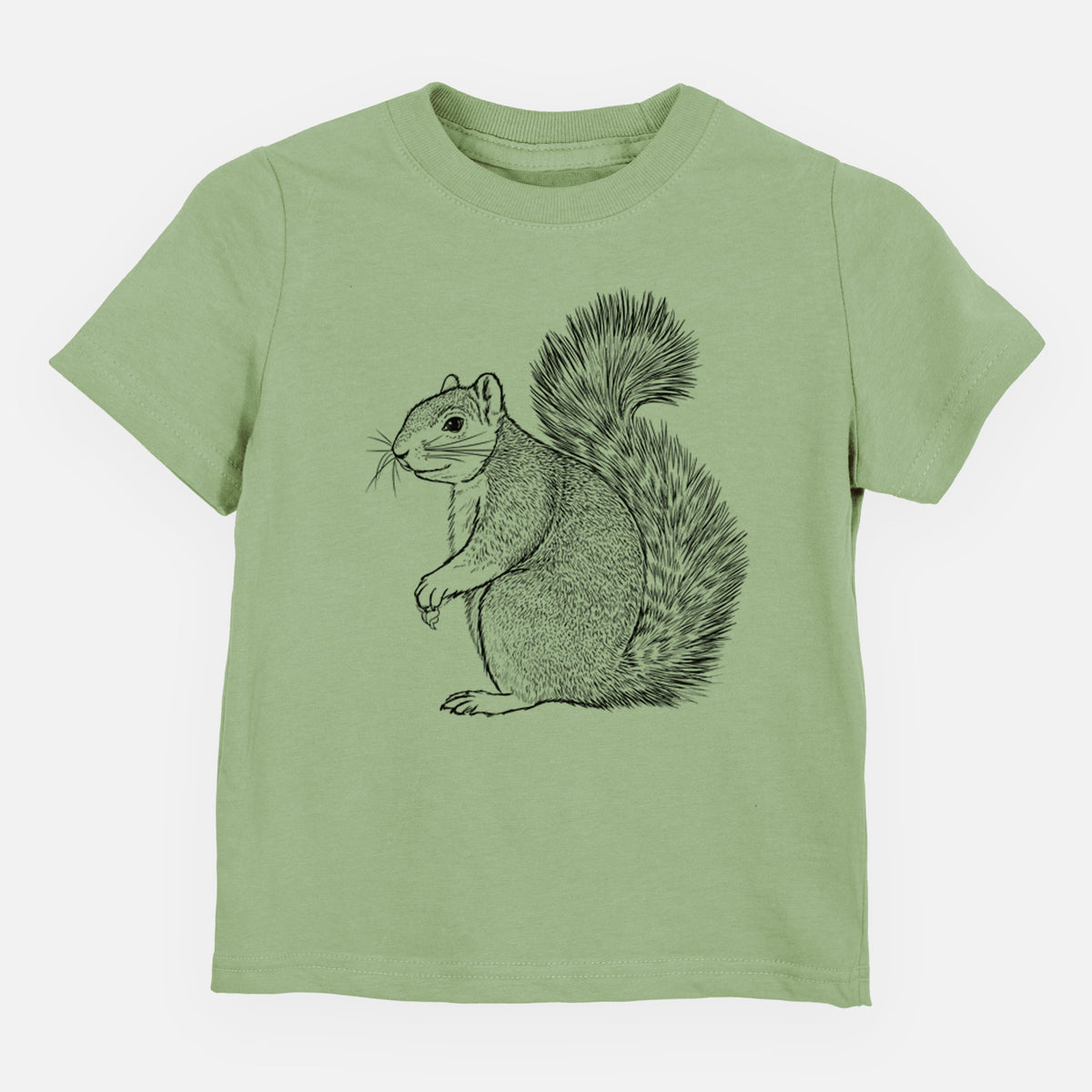 Sage green toddler t-shirt laid flat, printed with a detailed black ink illustration of a fox squirrel sitting with a bushy tail.