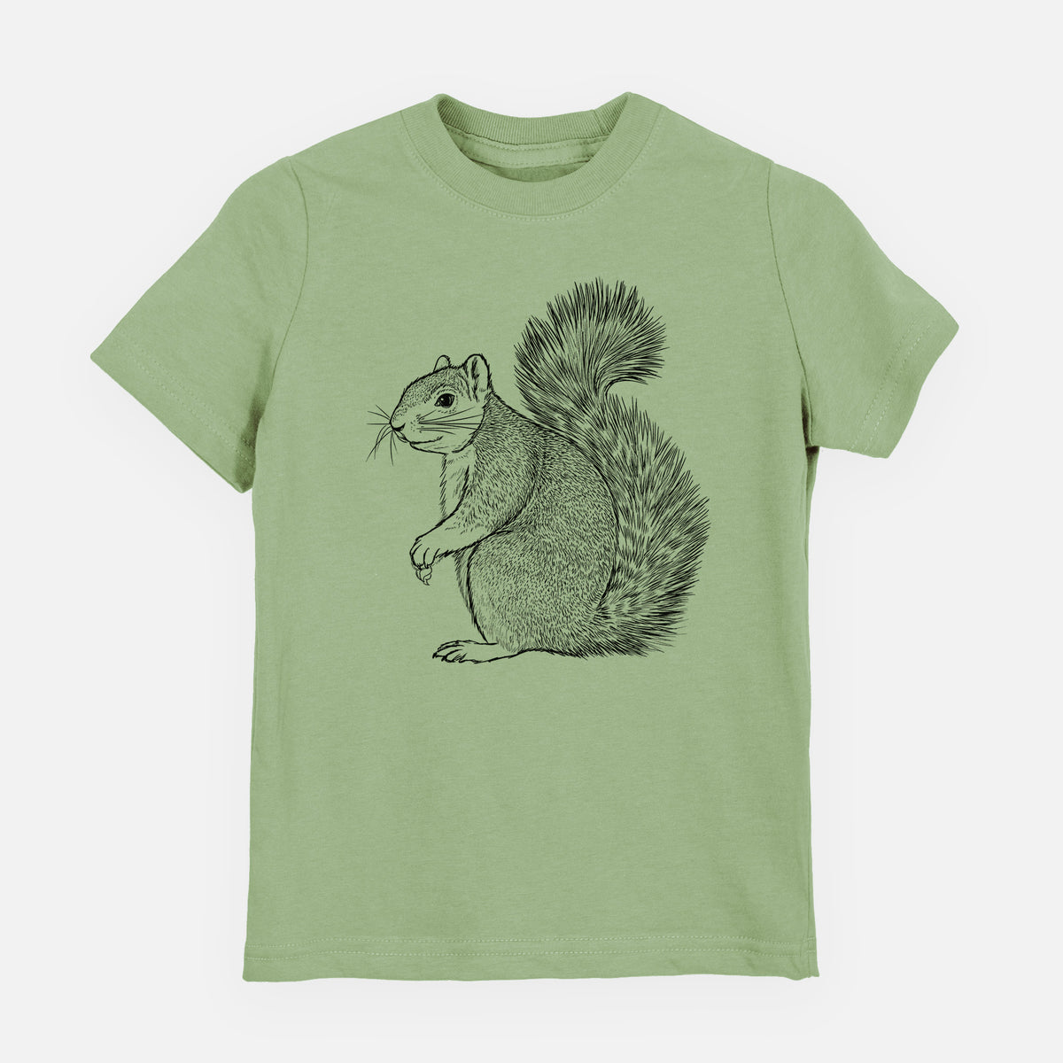 Sage green youth t-shirt laid flat, printed with a detailed black ink illustration of a fox squirrel sitting with a bushy tail.