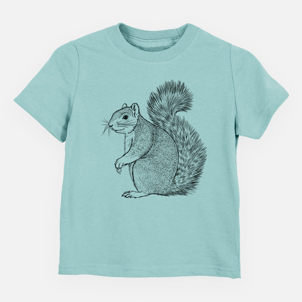 Saltwater toddler t-shirt laid flat, printed with a detailed black ink illustration of a fox squirrel sitting with a bushy tail.