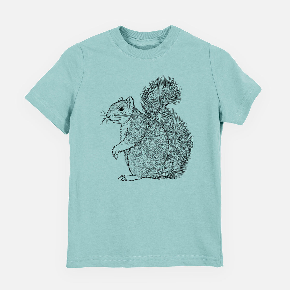 Saltwater youth t-shirt laid flat, printed with a detailed black ink illustration of a fox squirrel sitting with a bushy tail.