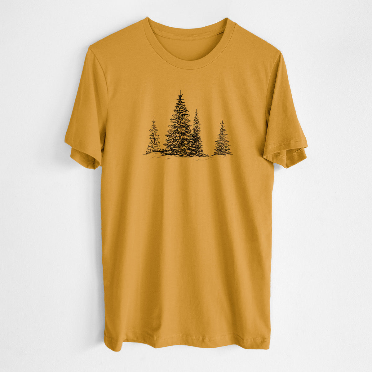 Honeycomb yellow lightweight cotton t-shirt laid flat, printed with a black ink illustration of frost-covered evergreen trees.