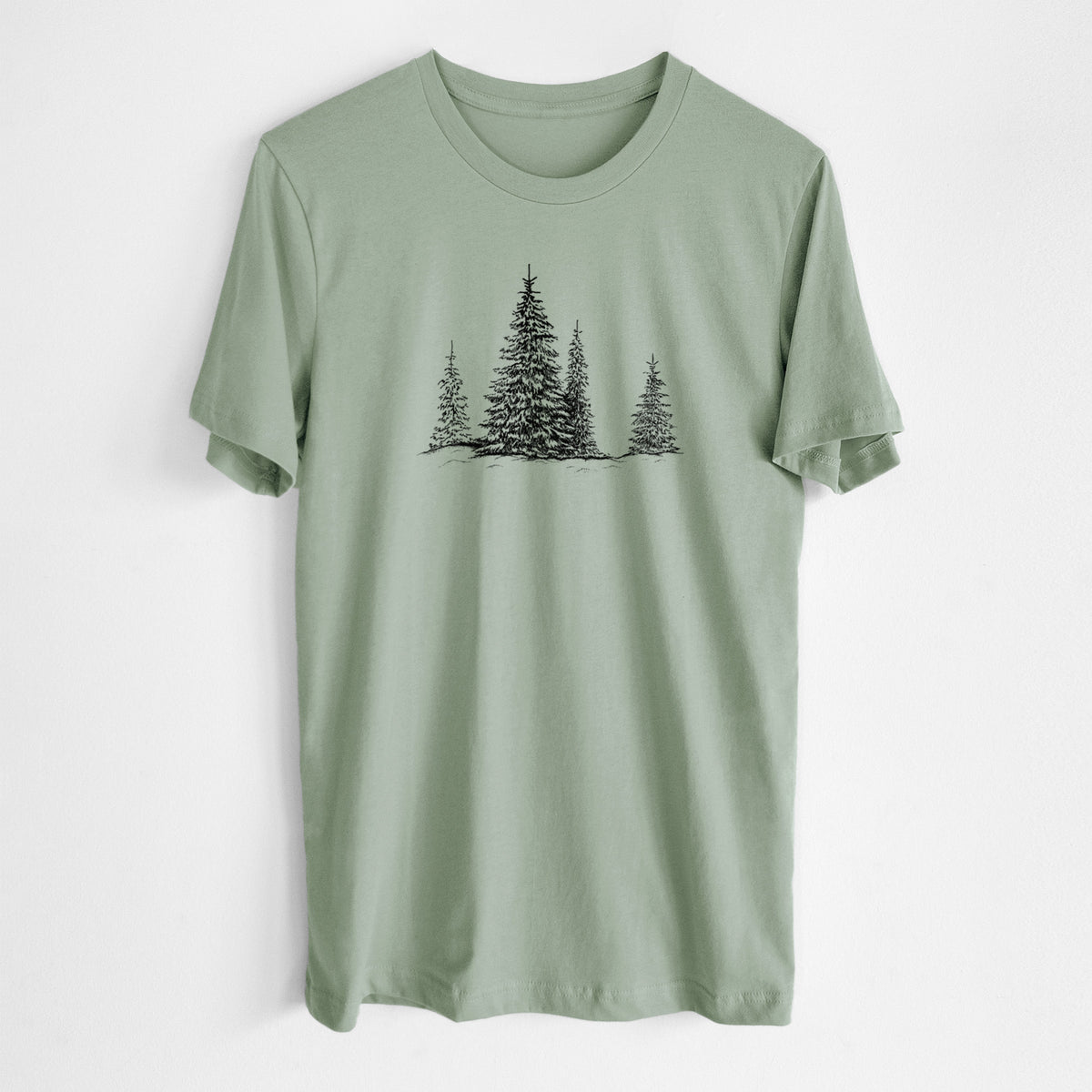 Sage green lightweight cotton t-shirt laid flat, printed with a black ink illustration of frost-covered evergreen trees.