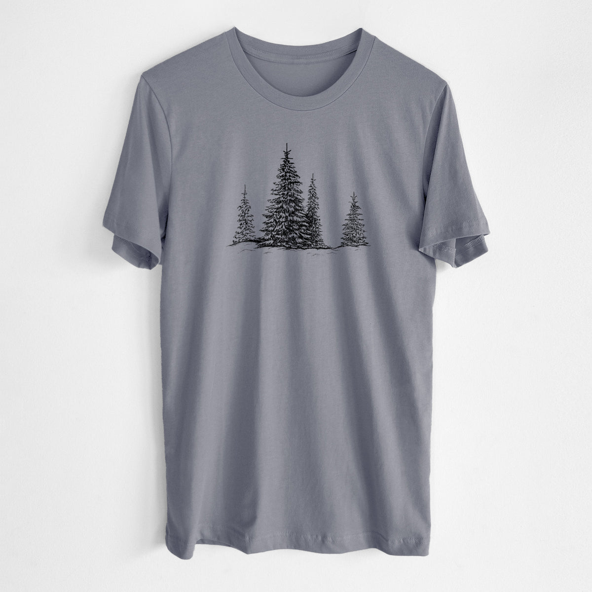 Storm grey lightweight cotton t-shirt laid flat, printed with a black ink illustration of frost-covered evergreen trees.