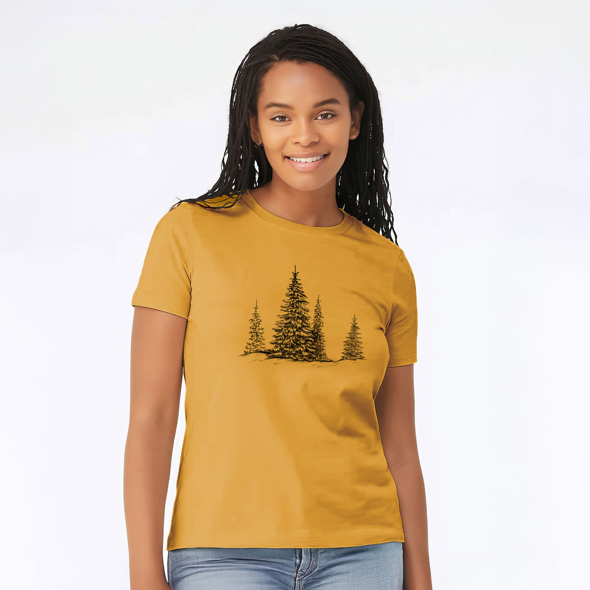 Woman wearing a honeycomb yellow women's relaxed fit cotton t-shirt printed with a black ink illustration of frost-covered evergreen trees.
