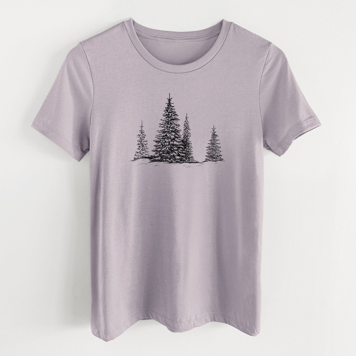 Light violet women's relaxed fit cotton t-shirt laid flat, printed with a black ink illustration of frost-covered evergreen trees.