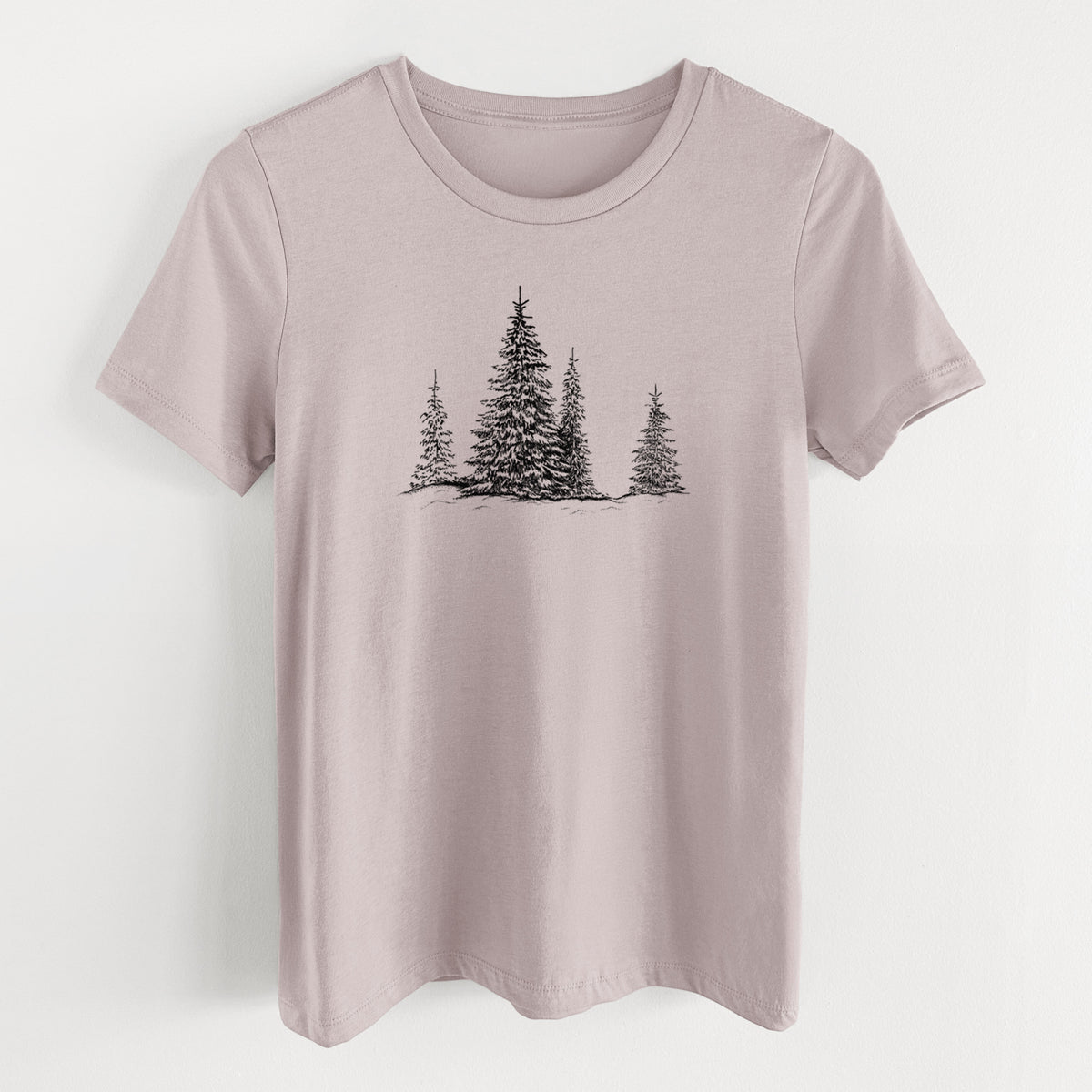 Pink gravel women's relaxed fit cotton t-shirt laid flat, printed with a black ink illustration of frost-covered evergreen trees.