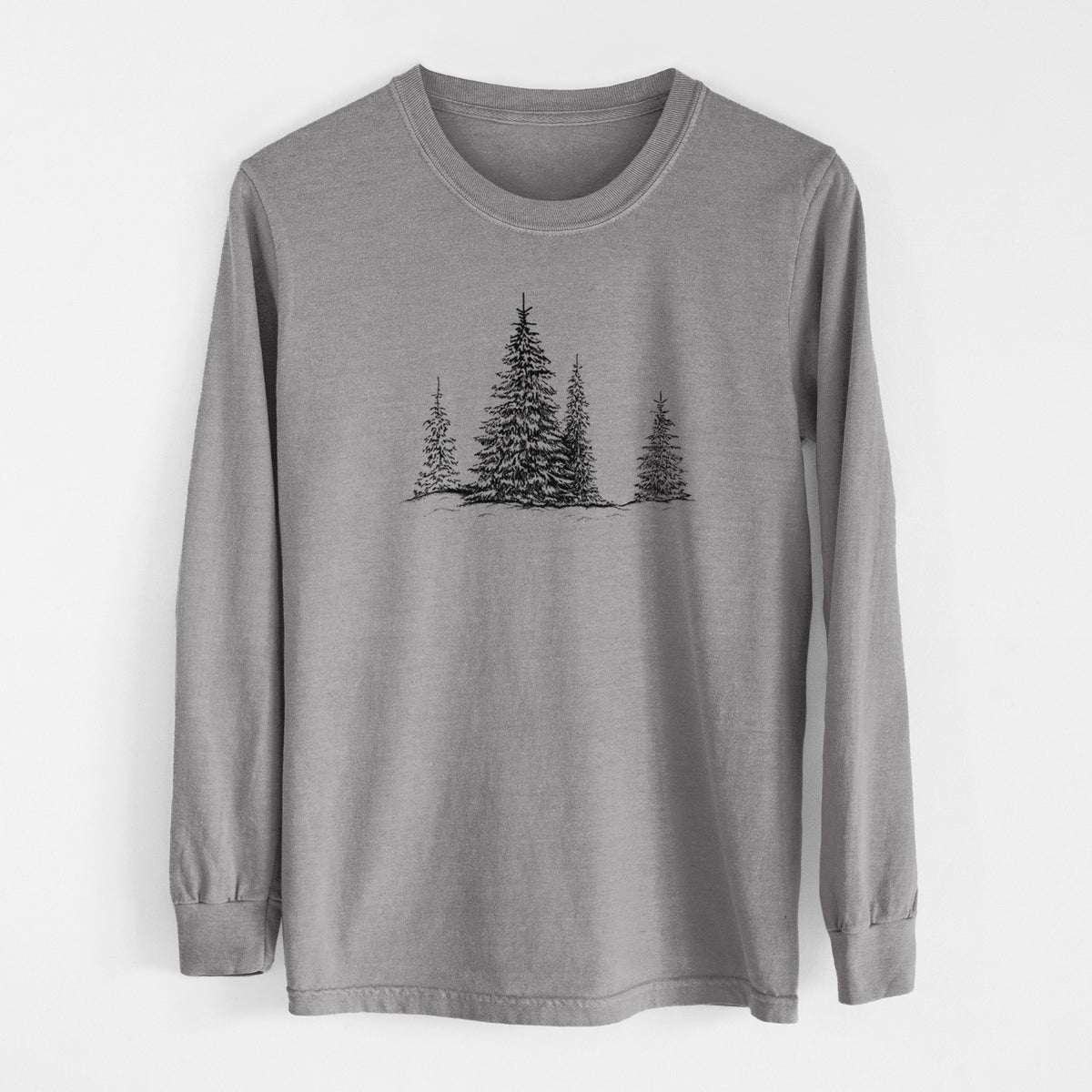 Grey Comfort Colors long sleeve shirt laid flat, printed with a black ink illustration of frost-covered evergreen trees.