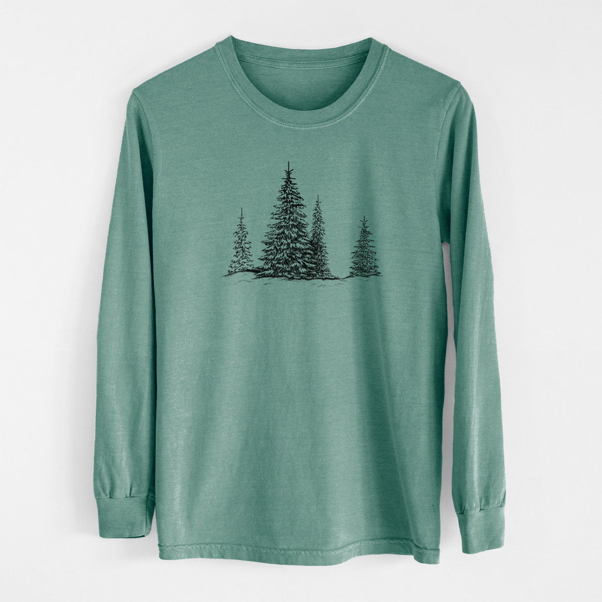 Pine green Comfort Colors long sleeve shirt laid flat, printed with a black ink illustration of frost-covered evergreen trees.