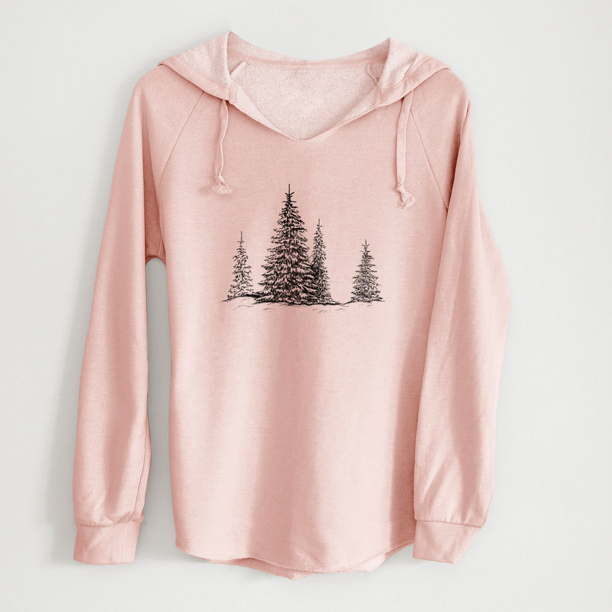 Blush pink women's Cali Wave hooded sweatshirt laid flat, printed with a black ink illustration of frost-covered evergreen trees.