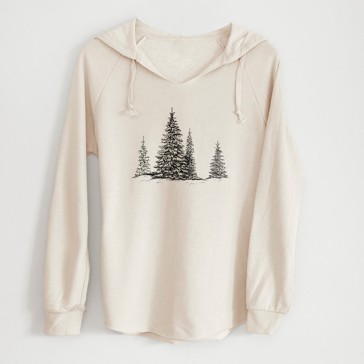 Bone cream women's Cali Wave hooded sweatshirt laid flat, printed with a black ink illustration of frost-covered evergreen trees.