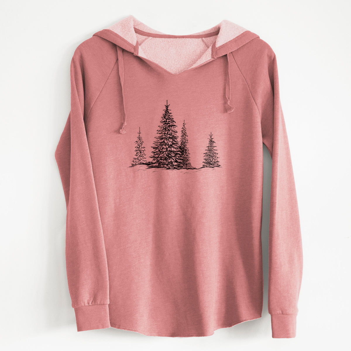 Dusty rose women's Cali Wave hooded sweatshirt laid flat, printed with a black ink illustration of frost-covered evergreen trees.