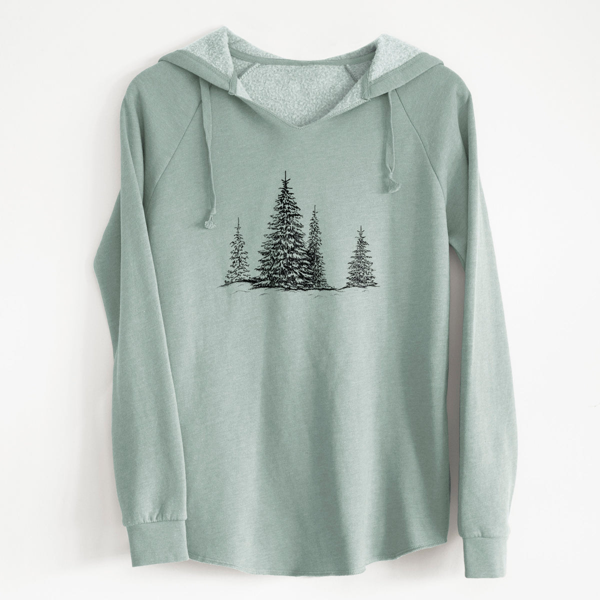 Sage green women's Cali Wave hooded sweatshirt laid flat, printed with a black ink illustration of frost-covered evergreen trees.