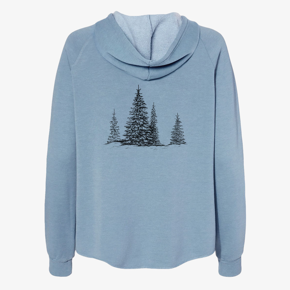 Misty blue women's Cali Wave zip-up sweatshirt laid flat, printed with a black ink illustration of frost-covered evergreen trees.
