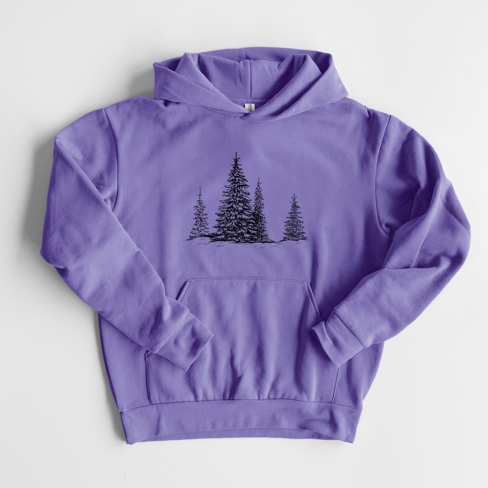 Frosted Evergreens - Statement Midweight Hoodie in Violet, laid flat, showing the oversized boxy fit and front kangaroo pocket.
