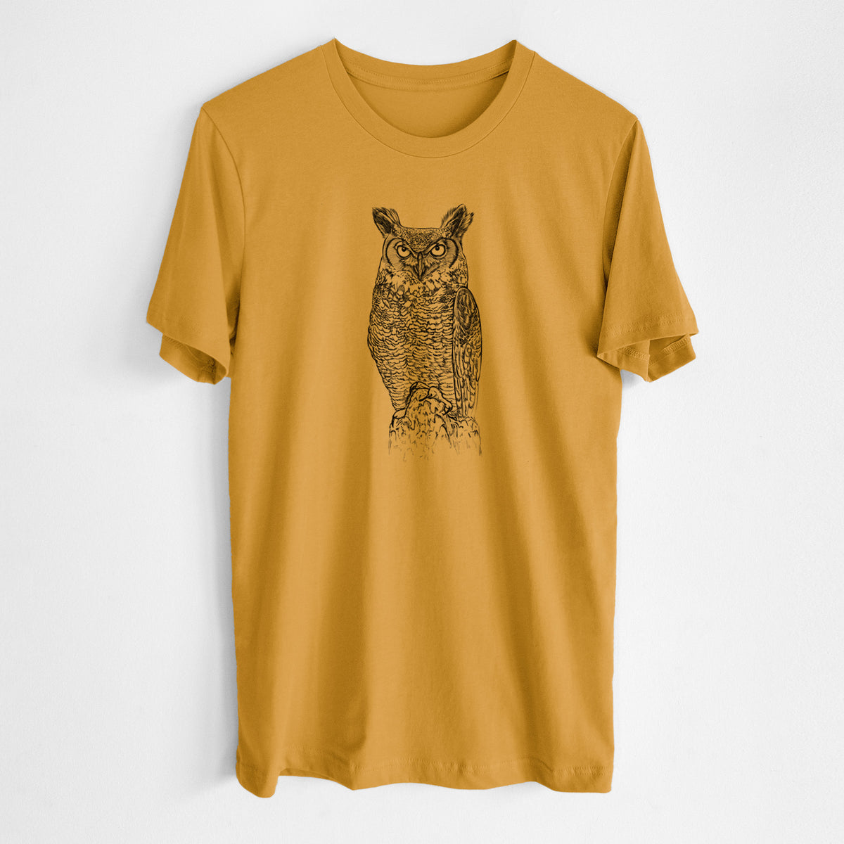 Honeycomb yellow lightweight cotton t-shirt laid flat, printed with a detailed black ink illustration of a great horned owl standing upright with its ear tufts raised.