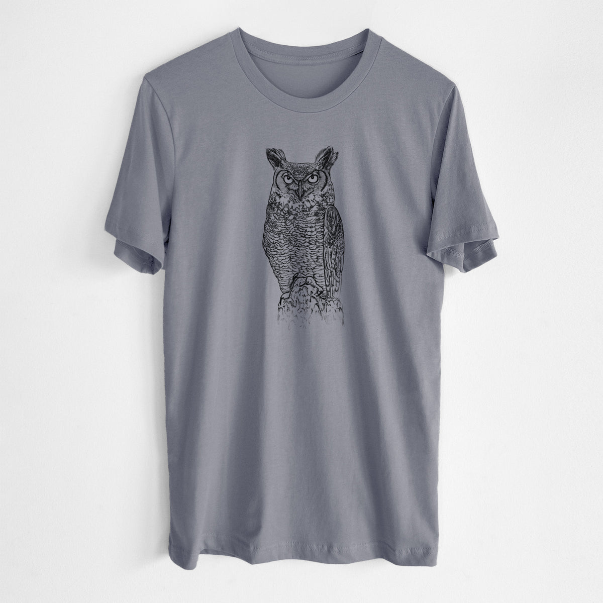 Storm grey lightweight cotton t-shirt laid flat, printed with a detailed black ink illustration of a great horned owl standing upright with its ear tufts raised.