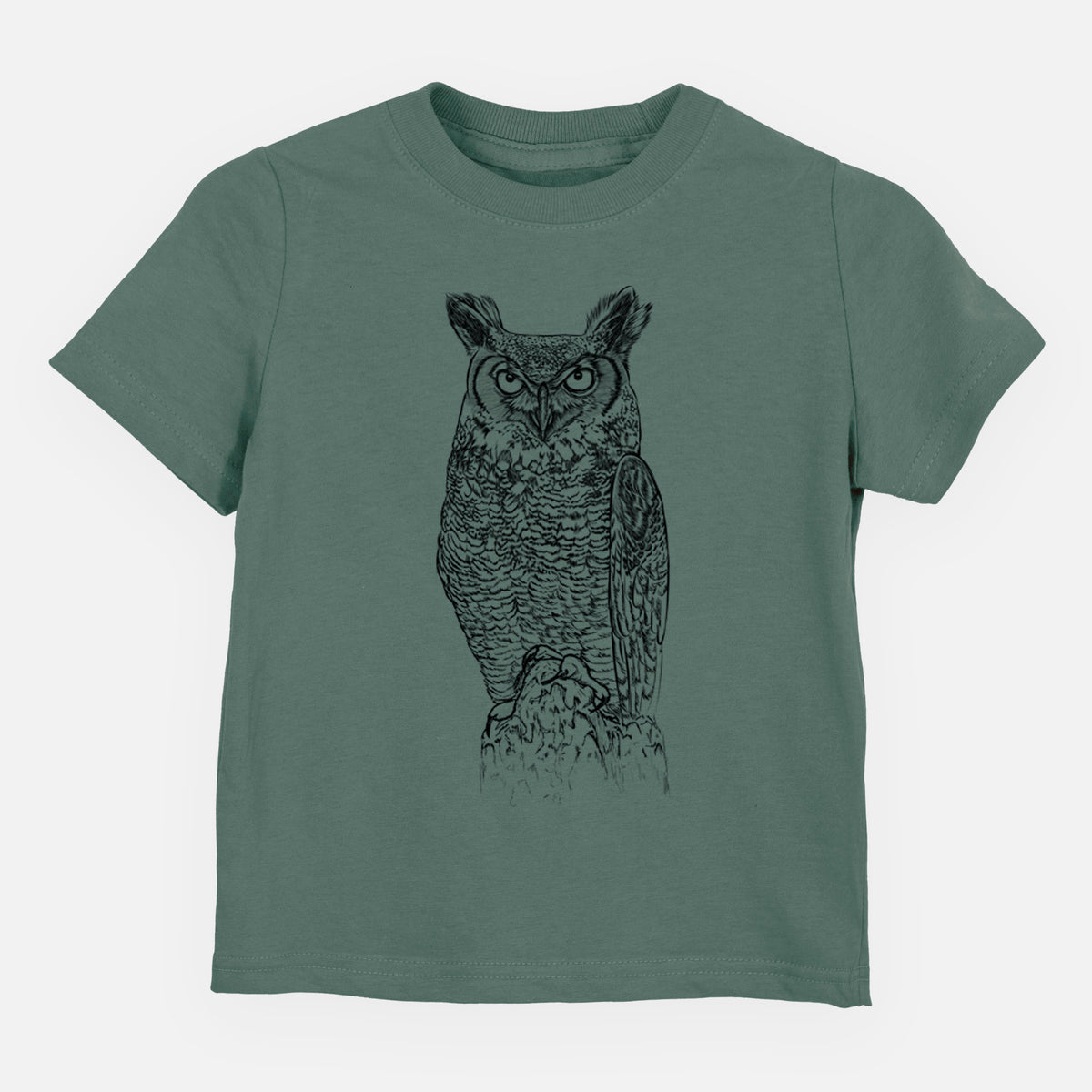 Basil green toddler t-shirt laid flat, printed with a detailed black ink illustration of a great horned owl standing upright with its ear tufts raised.