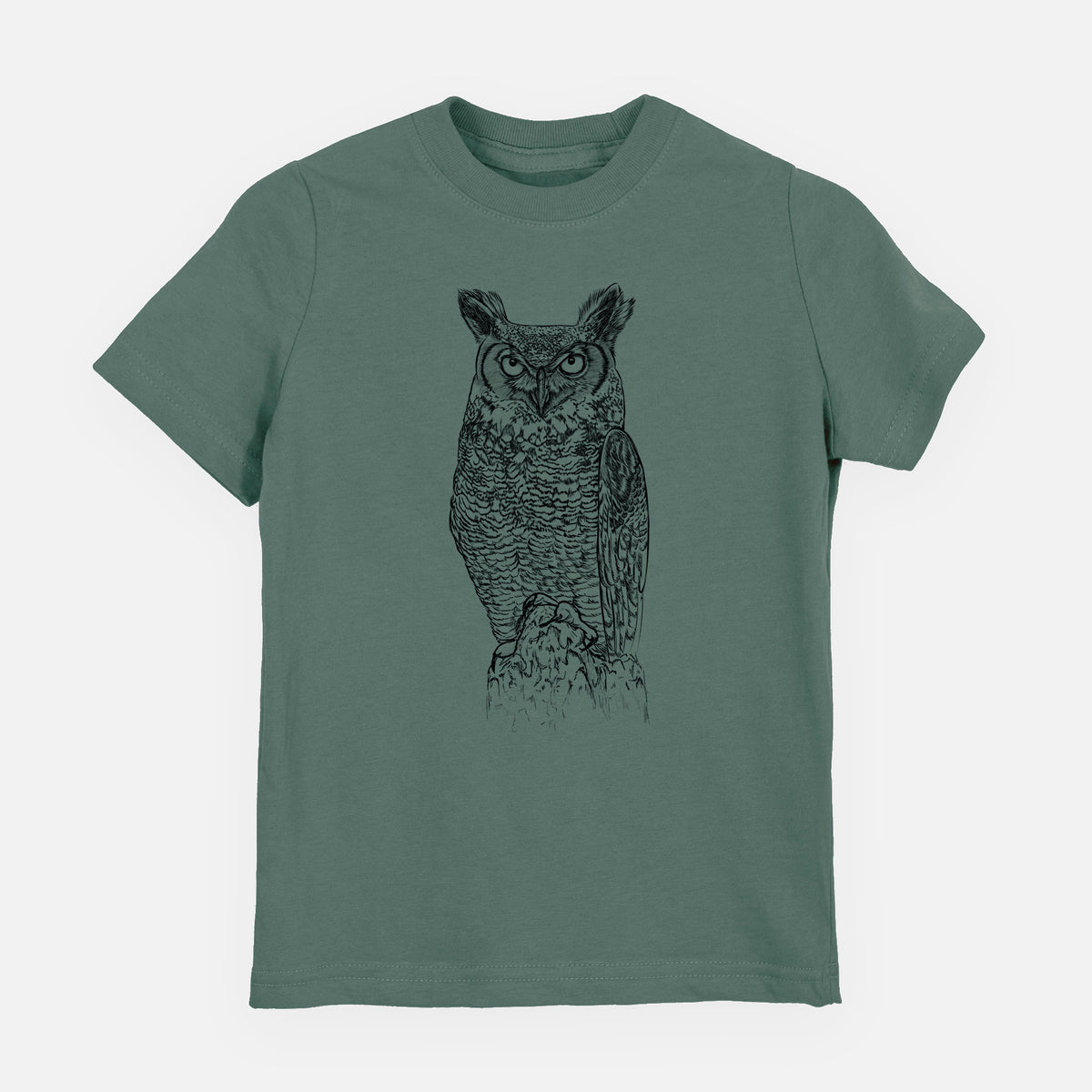 Basil green youth t-shirt laid flat, printed with a detailed black ink illustration of a great horned owl standing upright with its ear tufts raised.