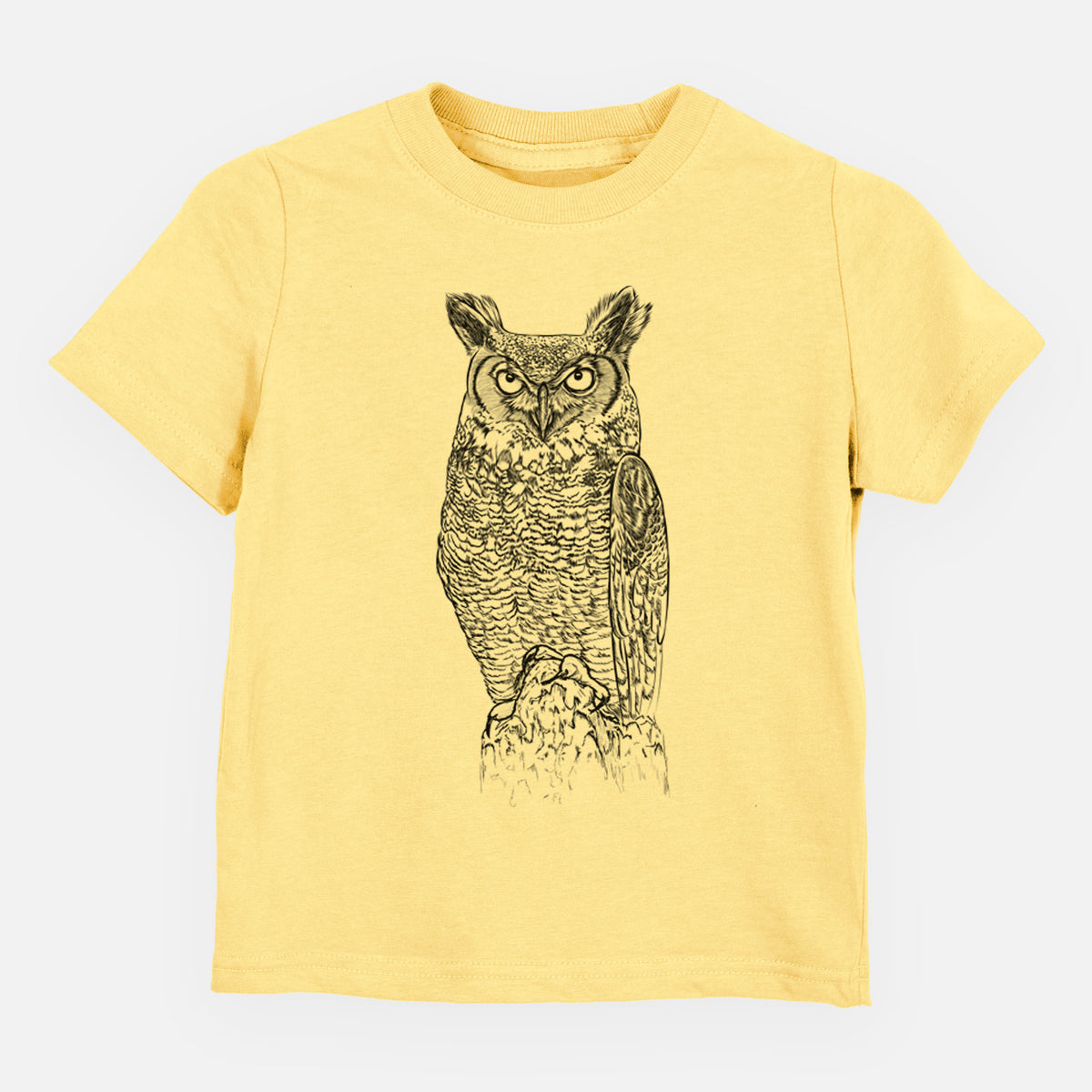 Butter yellow toddler t-shirt laid flat, printed with a detailed black ink illustration of a great horned owl standing upright with its ear tufts raised.