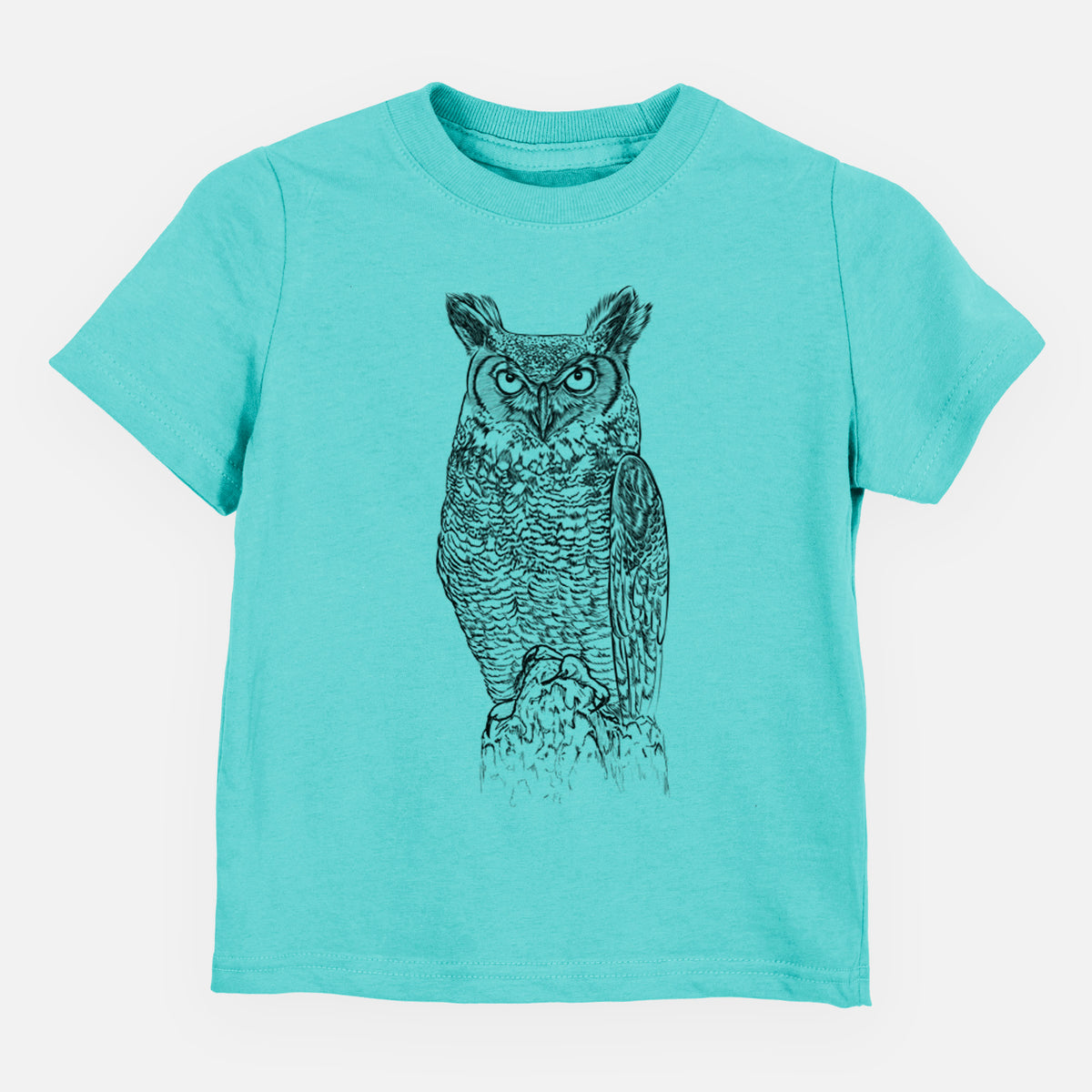 Caribbean blue toddler t-shirt laid flat, printed with a detailed black ink illustration of a great horned owl standing upright with its ear tufts raised.