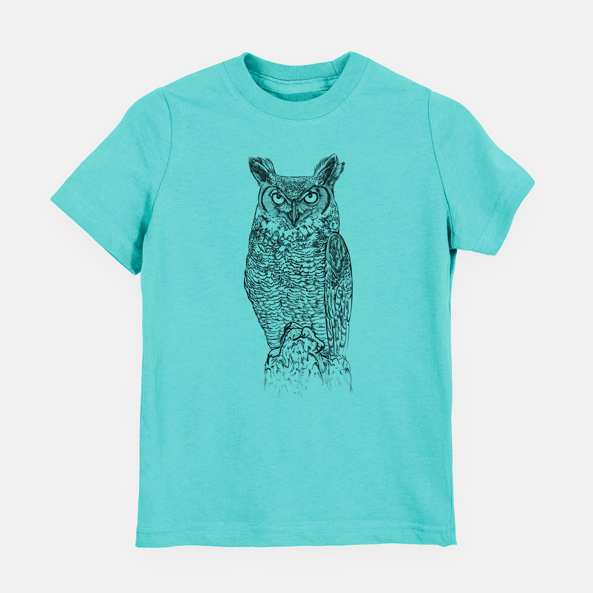 Caribbean blue youth t-shirt laid flat, printed with a detailed black ink illustration of a great horned owl standing upright with its ear tufts raised.
