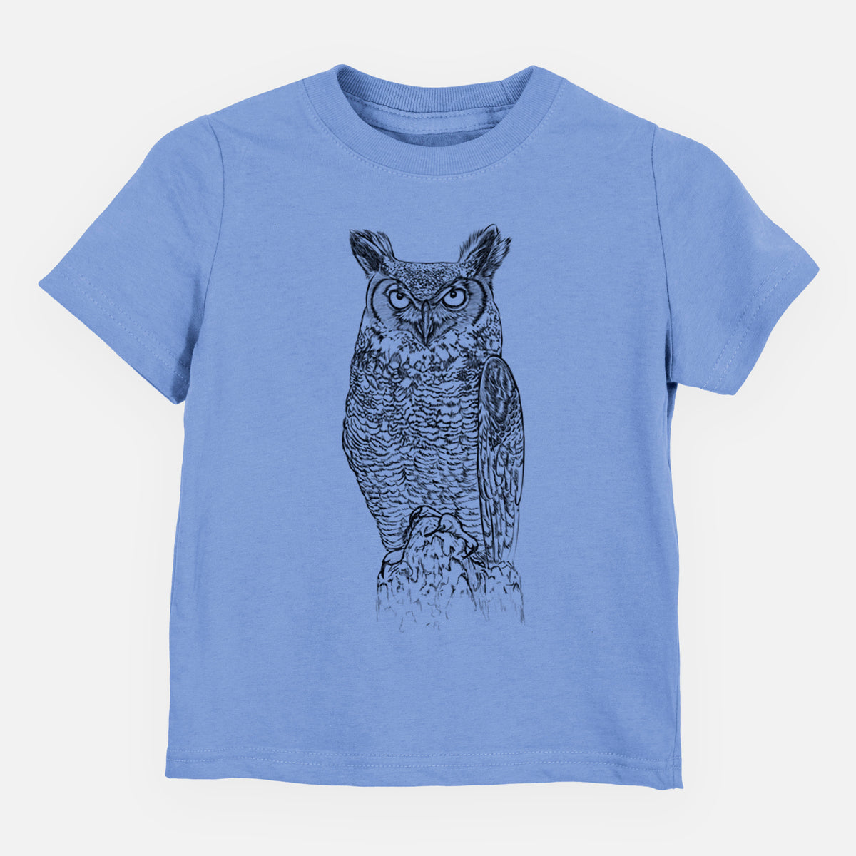 Carolina blue toddler t-shirt laid flat, printed with a detailed black ink illustration of a great horned owl standing upright with its ear tufts raised.