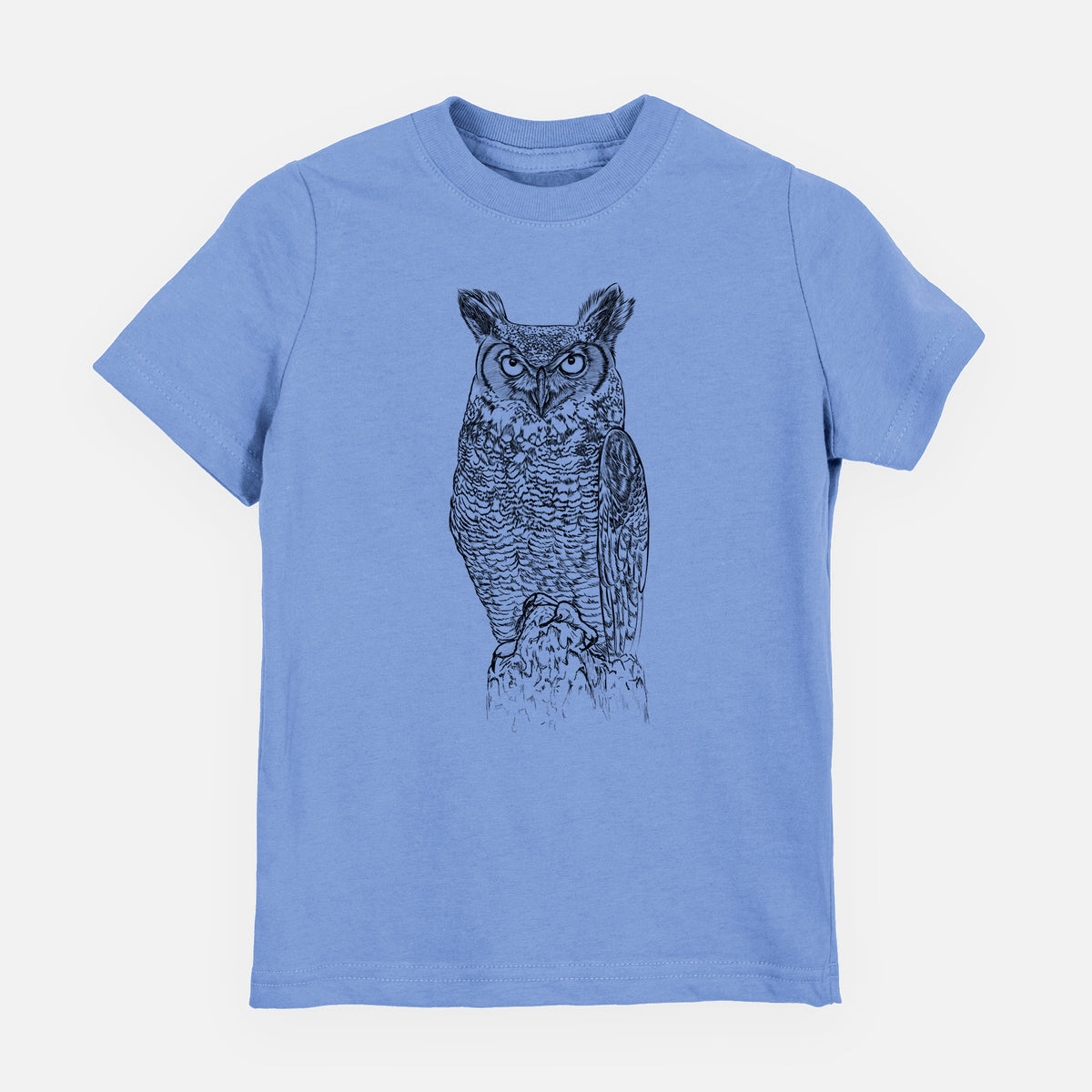 Carolina blue youth t-shirt laid flat, printed with a detailed black ink illustration of a great horned owl standing upright with its ear tufts raised.